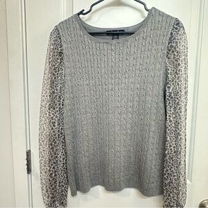Gray Cable Knit Sweater with Leopard Print Sleeves